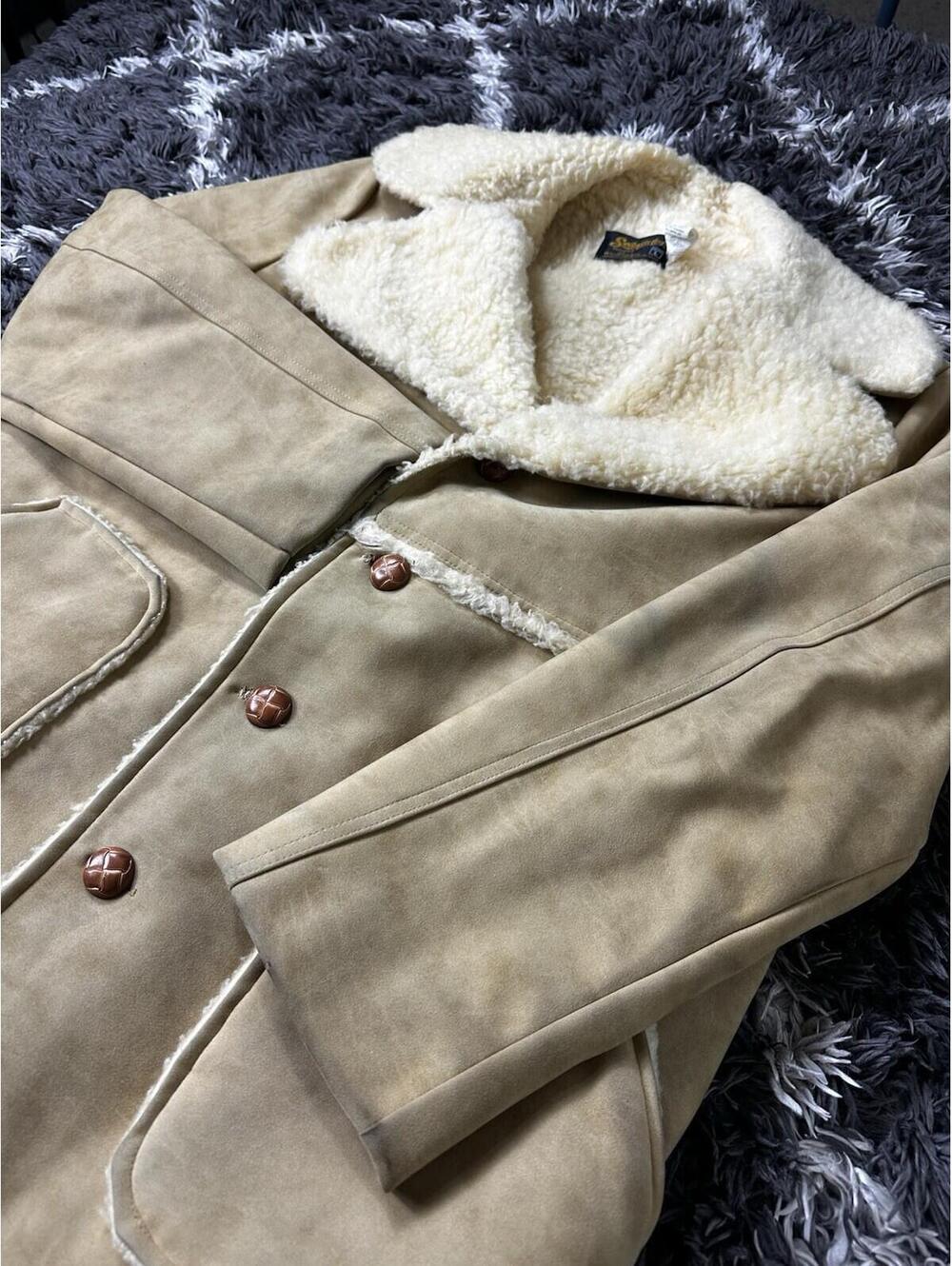 Vintage 70s Swingster Sherpa Fleece Jacket Western Faux Suede Tan Seed Promo L